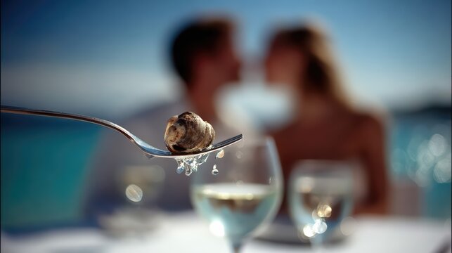 A gourmet clam is delicately balanced on a fork above a glass of white wine. A romantic couple dines by the ocean, celebrating fine seafood and stunning views.