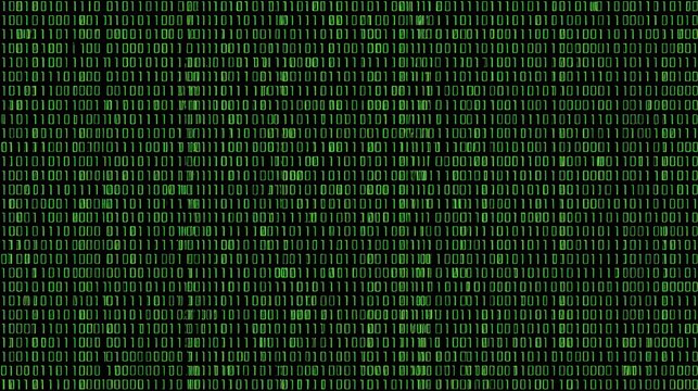 Vertical rows of glowing green binary code on a matte black grid evoke structured digital minimalism. A refined, modern tech aesthetic meets precise alignment.