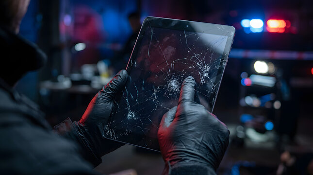 Close Up of Cyber Forensics Detective Examining Shattered Screen of Digital Tablet for Evidence