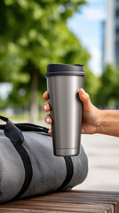 Hand holding insulated stainless steel tumbler with proffee, a refreshing protein coffee drink for energizing an active outdoor lifestyle and workout recovery © syhin_stas