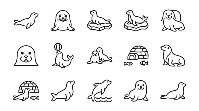 Cute Seal Icons Set - Vector Illustrations