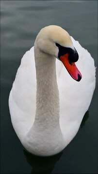 Large white bird, the mute swan (Cygnus olor), identifiable by its orange bill and the distinctive black basal knob