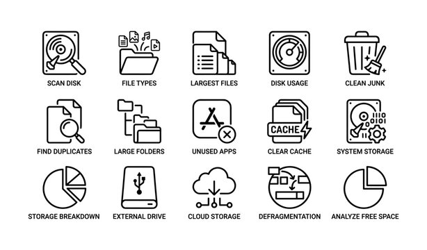 Icons of disk cleanup and storage management tools on white background