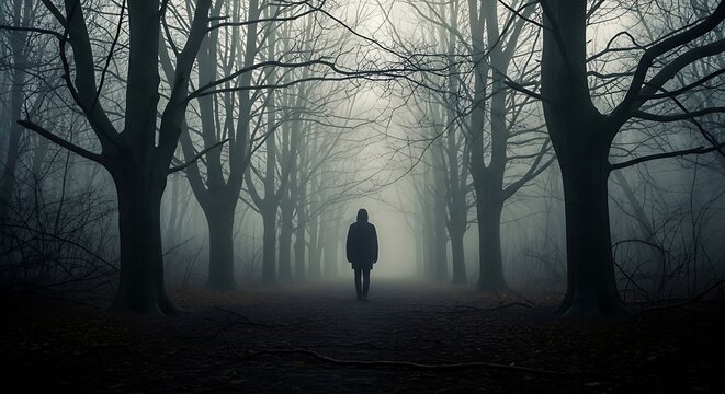 Lonely person walking alone on a path through a dark and mysterious forest filled with thick morning fog