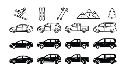 Black and white icons of vehicles and skiing equipment and mountain  transportation and sports © Artist hub