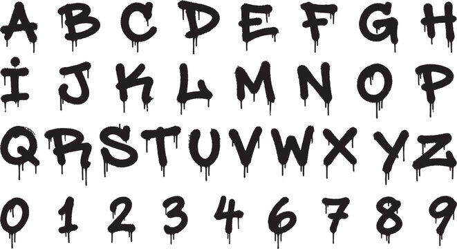 Black graffiti spray paint alphabet letters and numbers dripping effect Vector