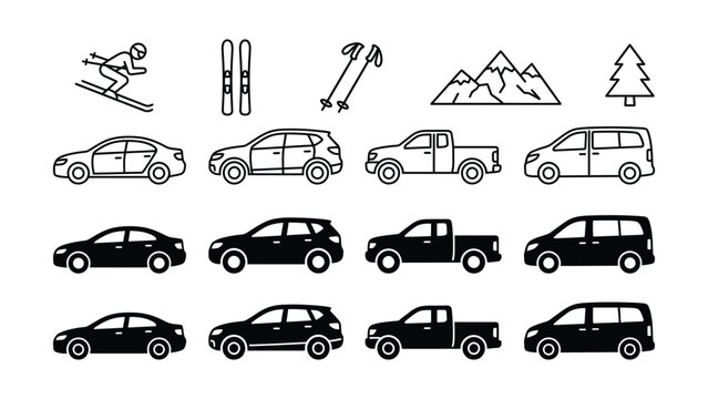 Black and white icons of vehicles and skiing equipment and mountain  transportation and sports