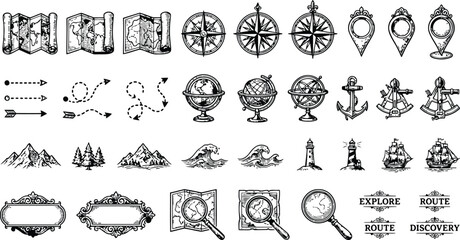 Engraving vintage collection of nautical and travel elements with maps compasses and globes on white background © Ishtiaq