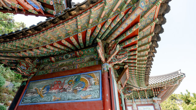 Intricate temple roof at Haeundae Yonggungsa in Busan
