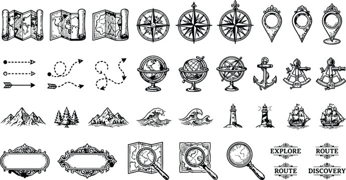 Engraving vintage collection of nautical and travel elements with maps compasses and globes on white background