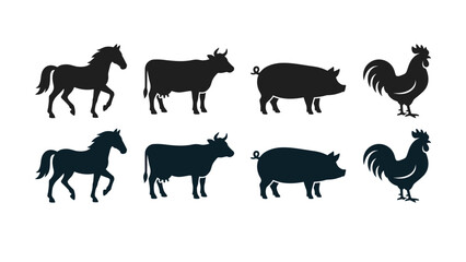 Black silhouettes of farm animals on white background  horse cow pig rooster © Artist hub