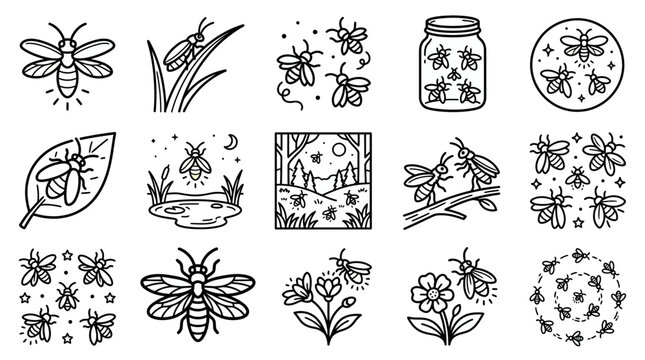 Firefly Icons Set, Lightning Bug Clip Art, Insect Vector Graphics