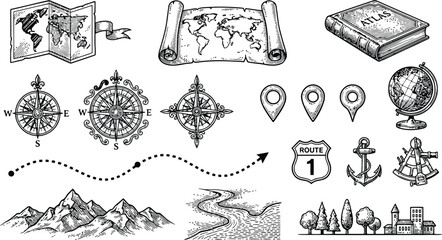 Engraving vintage map elements and navigation symbols with compasses and globes for exploration concepts © Ishtiaq