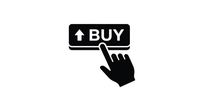 Buy button icon with hand pointer black silhouette on white background