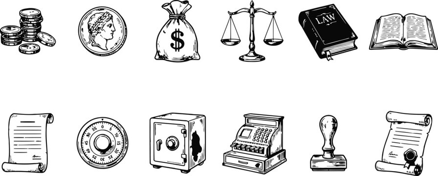 Engraving vintage legal and financial symbols in a grid during daytime against a white background for concept