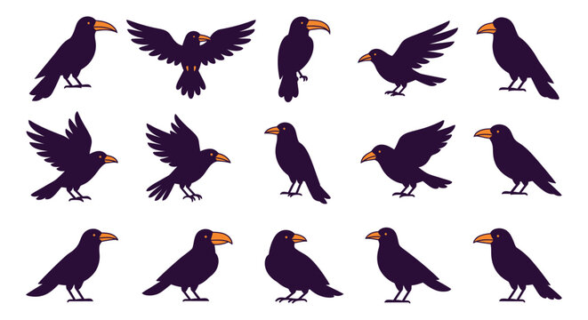 Raven Silhouettes In Various Poses Vector Illustration With Dark Purple And Orange Accents