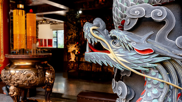 Dragon sculpture near altar in Yuanbao Temple, Taichung