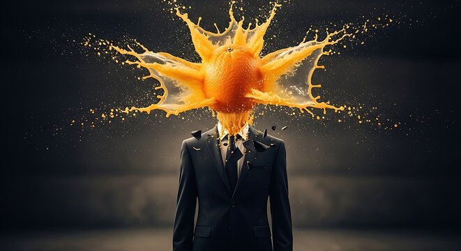 Businessman with exploding orange head and splashing juice in dark studio