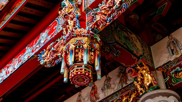 Intricate details of Yuanbao Temple in Taichung, Taiwan