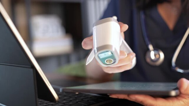 Healthcare Technology Professional using Digital Scanner with Tablet, Computer, Medical research, Patient data management,Telemedicine,Electronic health records,Modern healthcare,Digital medicine