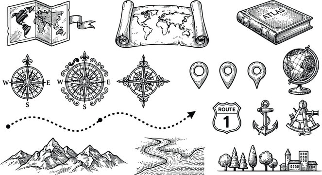 Engraving vintage map elements and navigation symbols with compasses and globes for exploration concepts