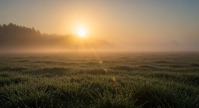 Low sun rising over a misty meadow, golden rays piercing fog, warm color palette, sunflare, dew on grass in foreground