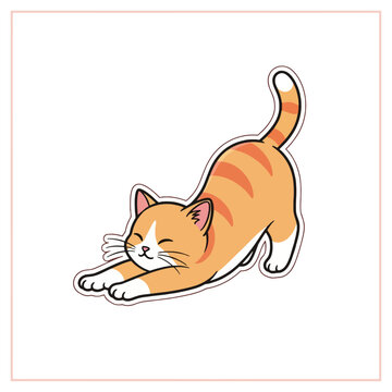 Whimsical cartoon ginger tabby cat with orange stripes arching its back and stretching out its paws in a playful feline pose conveying joy and relaxation perfect for delightful animal themes and