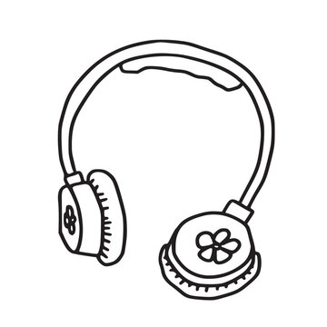 Hand drawn doodle of wireless headphones with cute flower isolated on white. Minimalist sketch of audio gadget, perfect as a music icon for podcast design, dj sticker or trendy electronics clipart.