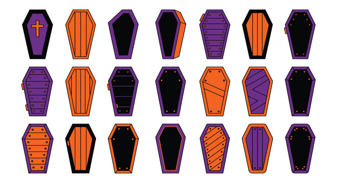 Collection of colorful coffins a vector illustration with orange purple and black hues