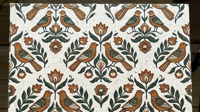 Vintage Floral Bird Pattern Block Print on Textured Paper