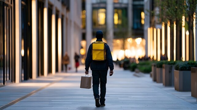 A person walks down a city sidewalk carrying a paper bag and wearing a yellow backpack against warm evening lights