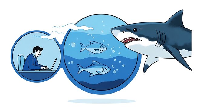 Businessman working on laptop inside a bubble threatened by shark
