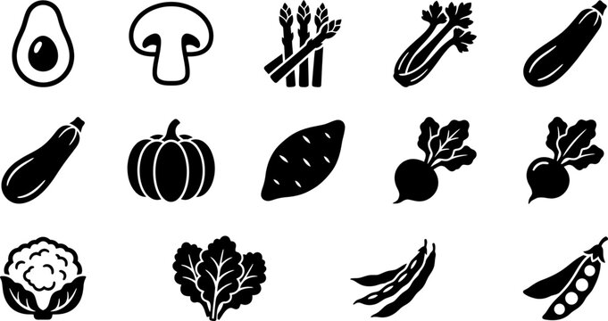Set of black and white vegetable icons.