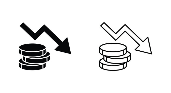 Stacked coins with descending arrow black and white line drawing illustration