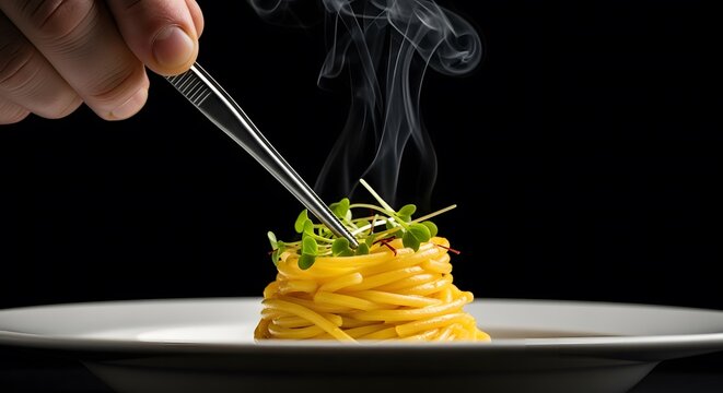 Chef garnishing a gourmet pasta dish with fresh microgreens using culinary tweezers.