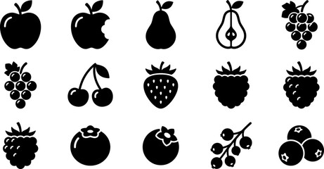 Set of black fruit and berry icons for healthy food design. © melda