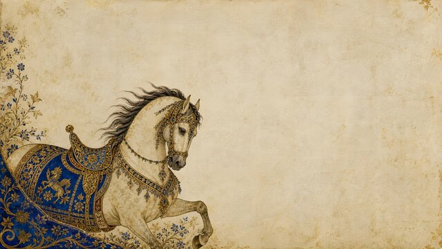 Persian  Ancient Royal Horse Miniature Painting with Golden Arabesque Parchment Background Banner