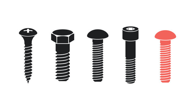 Five different types of screws on a white background  hardware objects