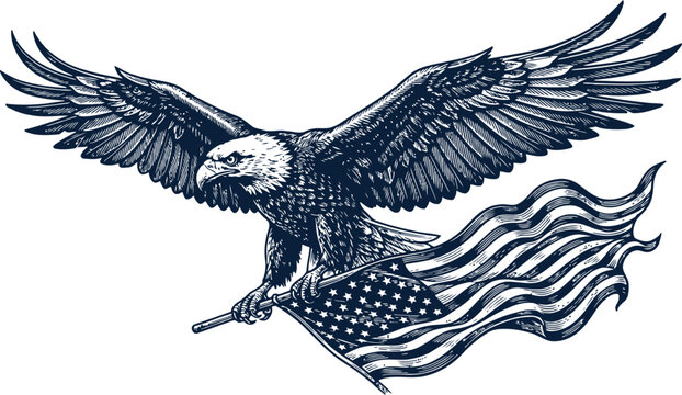 Majestic bald eagle with outstretched wings carries the American flag in an engraving vintage style against a white background