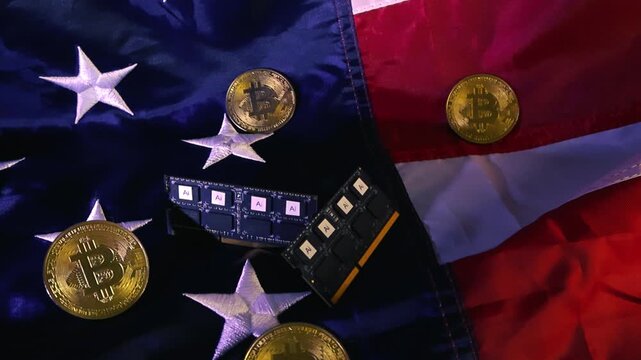 Golden bitcoin cryptocurrency coins and computer chips with AI labels slowly gliding over a waving American flag, representing the intersection of digital currency, technology, and national economy