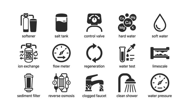Water softener and treatment icons showing tanks and controls