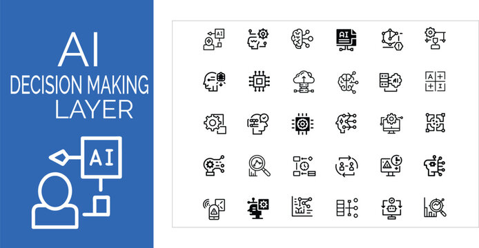 Artificial intelligence decision making layer icons for data analysis and machine learning concepts