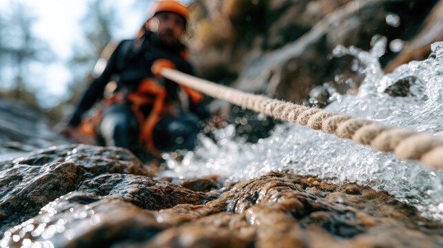 Adventurer rappels down a rocky, rushing watercourse with a rope