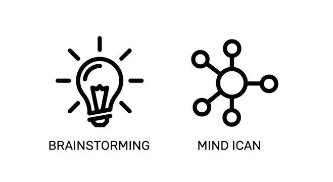 Brainstorming and mind mapping icons with text labels mind map light bulb mind ican problem solving brainstorming creativity innovation strategy