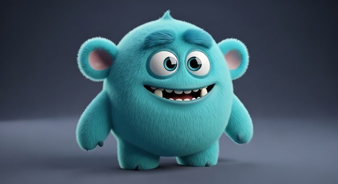 Cute blue furry monster character with big eyes and a friendly smile standing in a 3d rendered style