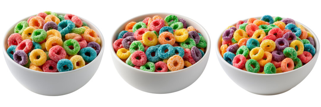 Set of Colorful fruit cereal loops arranged neatly inside a white bowl on transparent png background. Ai generated
