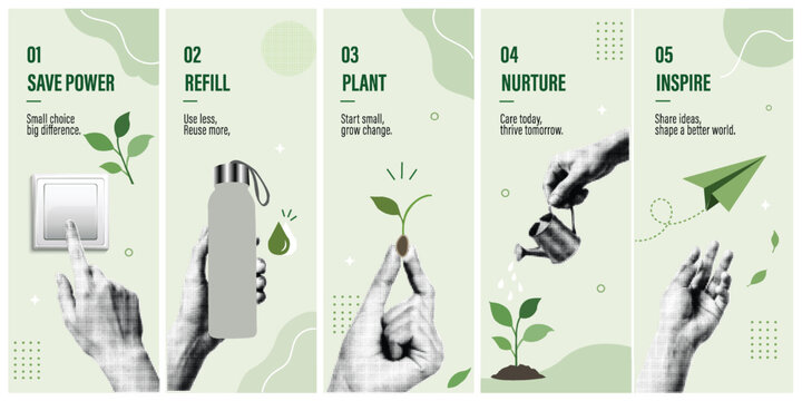 Halftone Pop Art Collage Set with Hands Saving Power, Refilling Bottle, Planting Seed, and Watering. Eco-friendly and Sustainability Concept. Retro Vintage Style Banner
