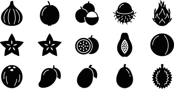 Collection of various exotic tropical fruit glyph icons.