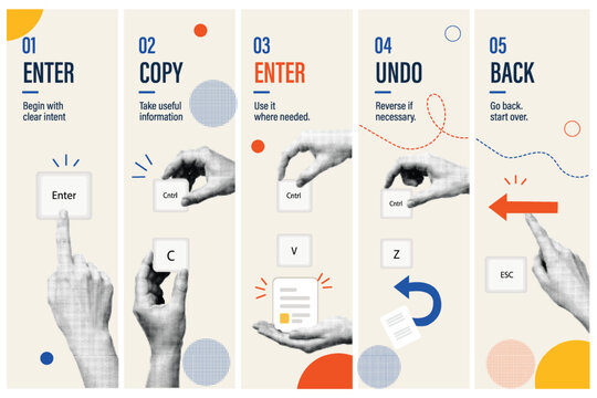 Halftone Pop Art Collage Set with Hands Pressing Keyboard Keys: Enter, Copy, Paste, Undo, and Back. Computer Shortcut and Technology Concept. Retro Vintage Style Banner