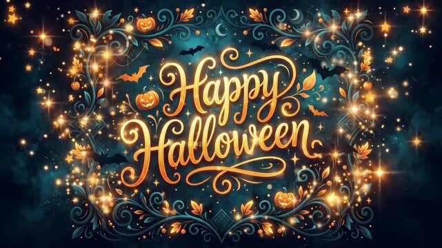 Ornate happy Halloween text with glowing orange letters. Festive frame of pumpkins bats and spider webs on dark teal background. Spooky autumn illustration for seasonal greetings and holiday designs